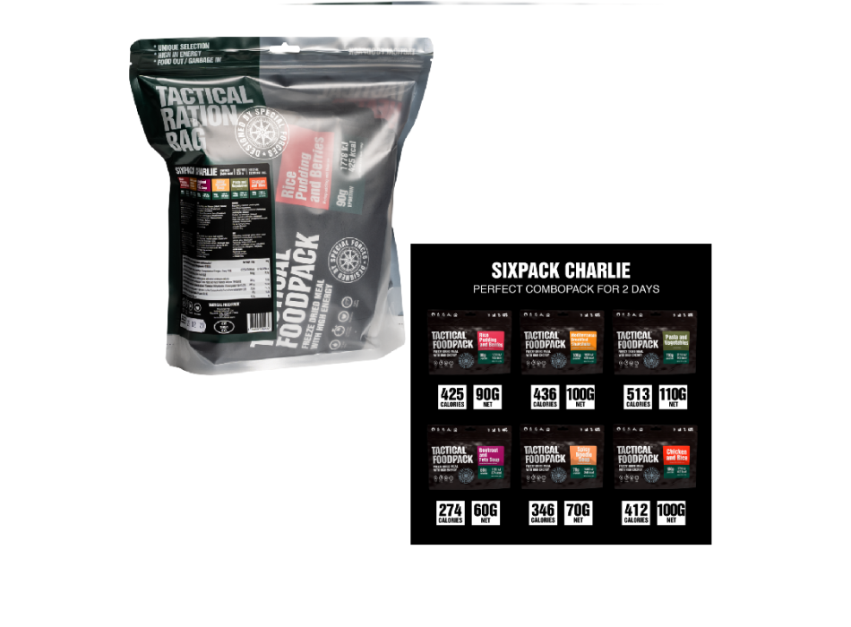 Kit alimentare due giorni Sixpack Charlie 530g tactical foodpack Divisa Militare